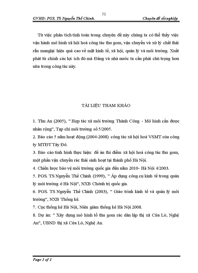 image for page Đánh giá hiệu quả của mô hình thực hiện xã hội hoá công tác thu gom vận chuyển xử lý chất thải rắn tại quận Tây Hồ 1