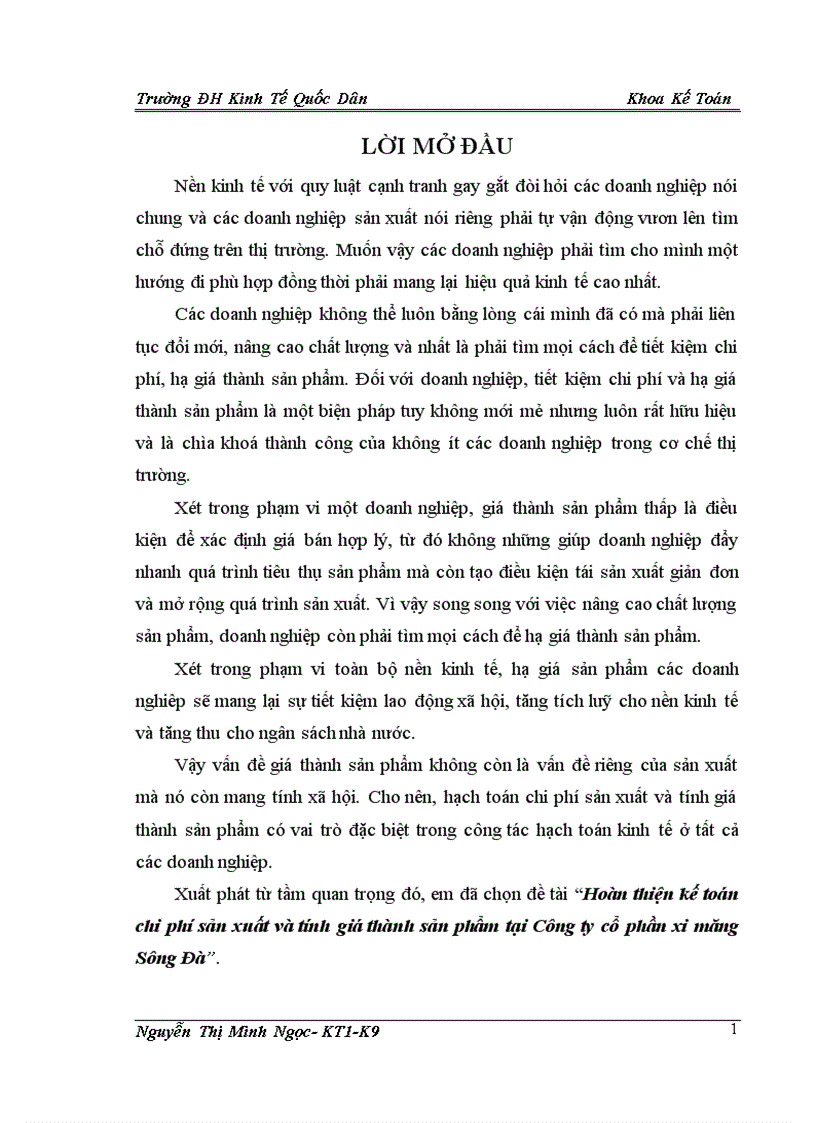 Hoàn thiện kế toán chi phí sản xuất và tính giá thành sản phẩm tại Công ty cổ phần xi măng Sông Đà 1