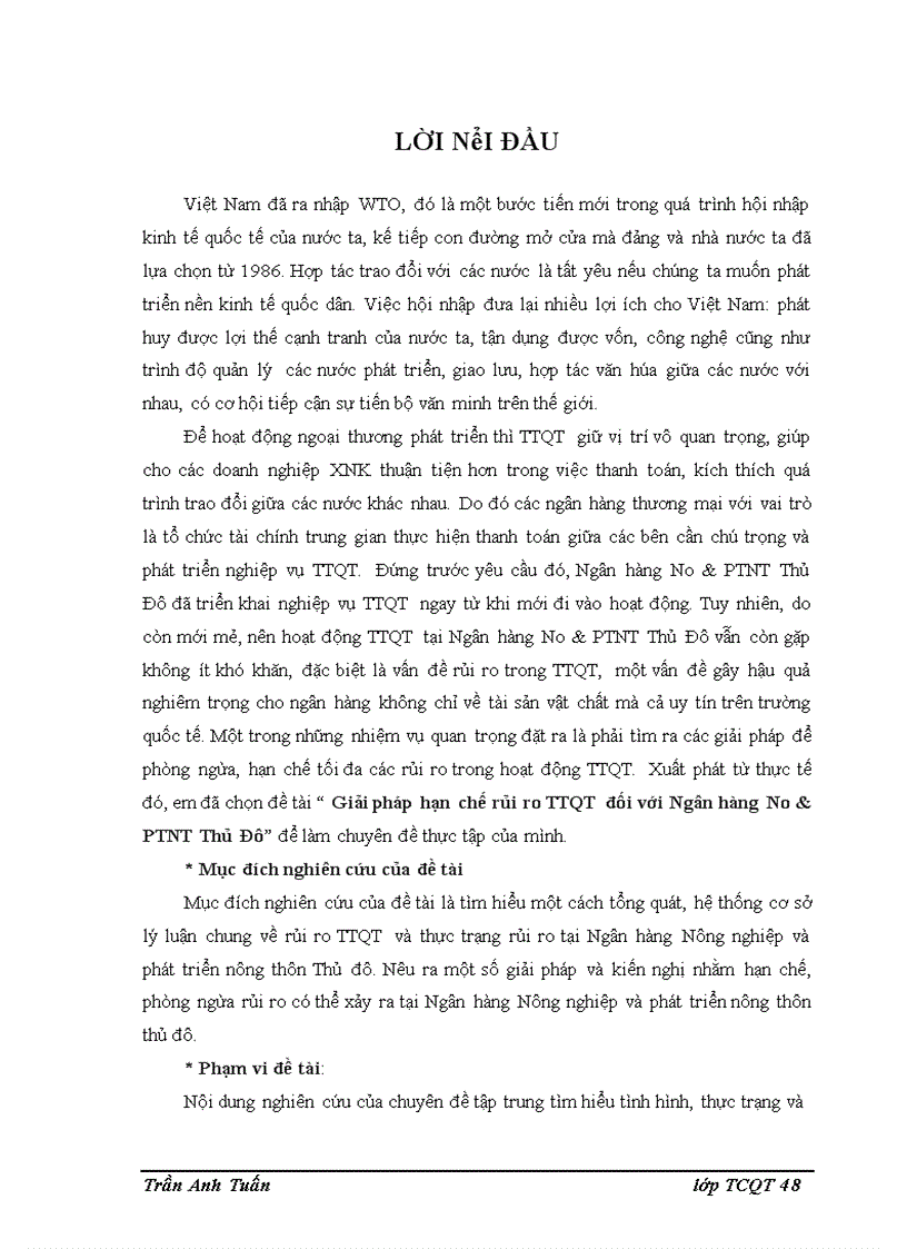 Giải pháp hạn chế rủi ro TTQT đối với Ngân hàng No PTNT Thủ Đô 1