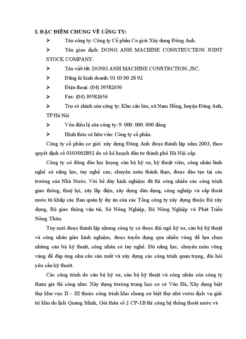 Báo cáo thực tập tổng hợp tại công ty Cổ Phần Cơ Giới Xây Dựng Đông Anh 1