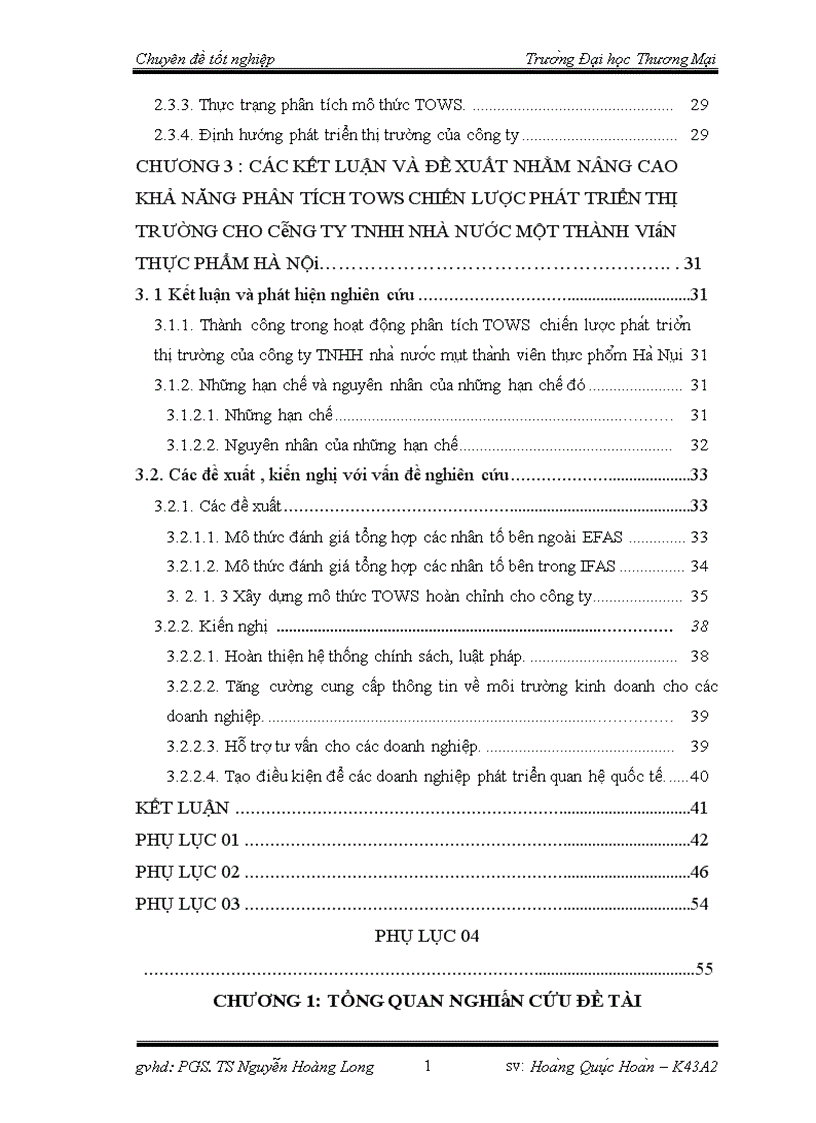 Báo cáo thực tập tổng hợp Phân tích TOWS chiến lược phát triển thị trường của công ty TNHH nhà nước một thành viên thực phẩm Hà Nội