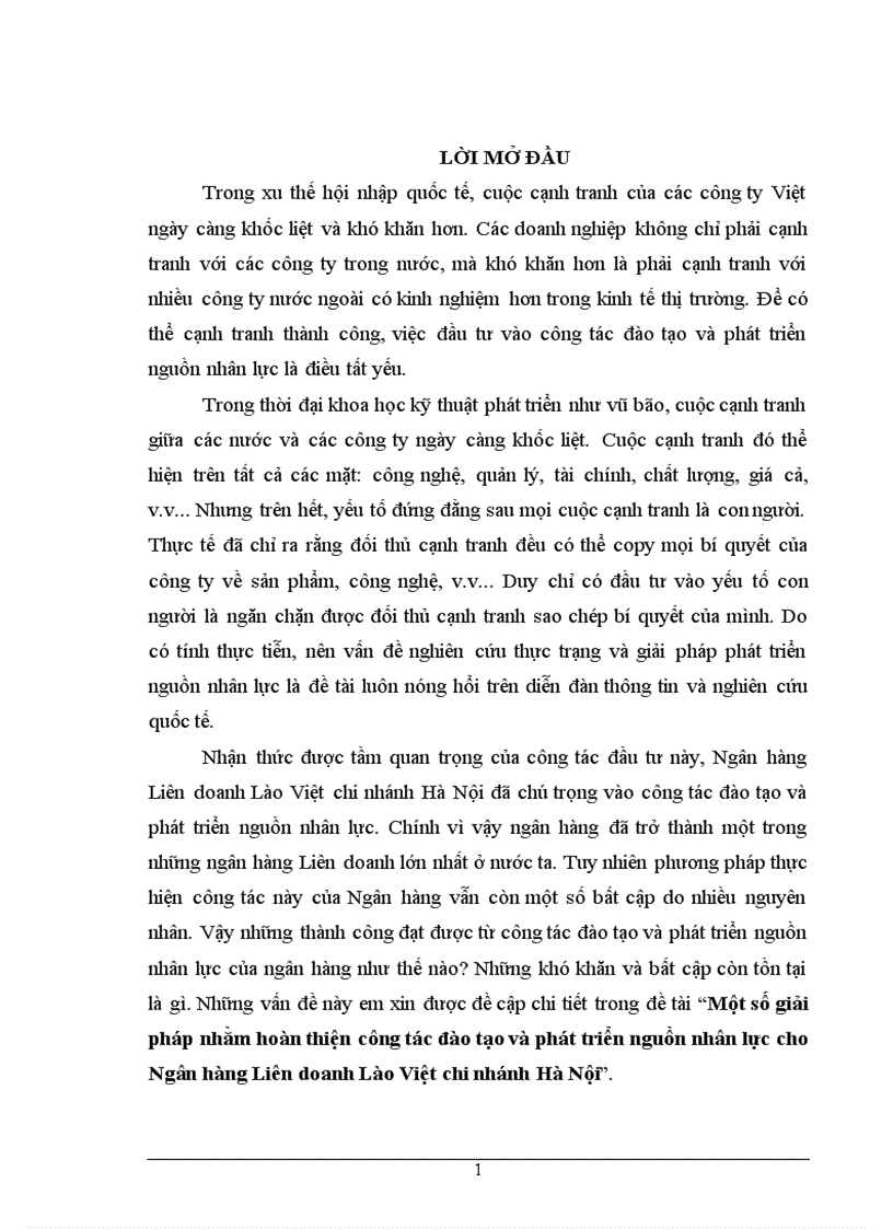 Một số giải pháp nhằm hoàn thiện công tác đào tạo và phát triển nguồn nhân lực cho Ngân hàng Liên doanh Lào Việt chi nhánh Hà Nội 1