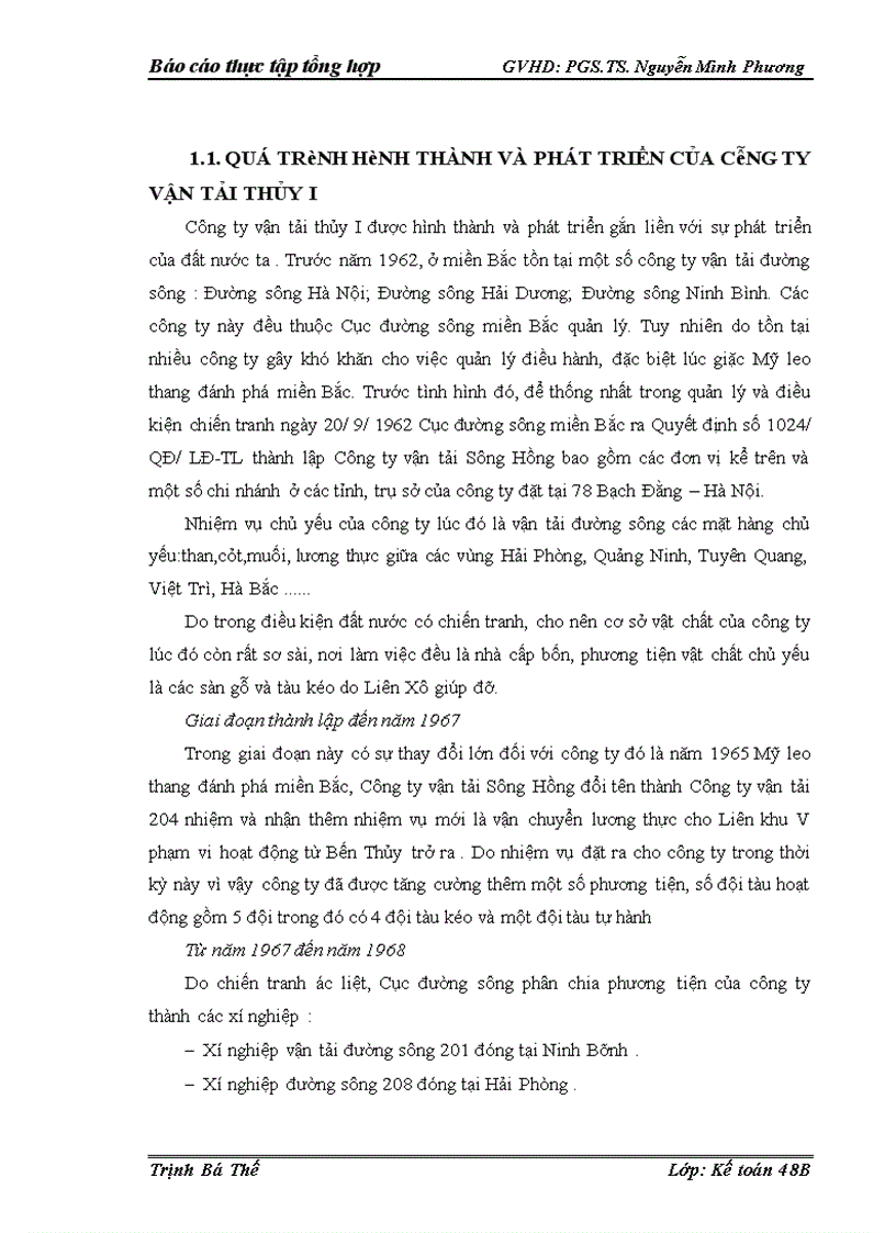 Báo cáo thực tập tổng hợp tại Công ty vận tải thủy I