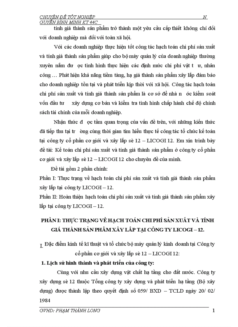 Kế toán chi phí sản xuất và tính giá thành sản phẩm ở công ty cổ phần cơ giới và xây lắp số 12 LICOGI 12