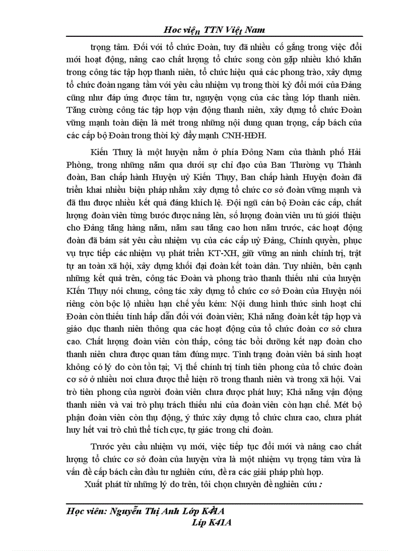Tổ chức và hoạt động của một số của một số cơ sở Đoàn huyện kiến thụy thành phố hải phòng giai đoạn 2005 2007