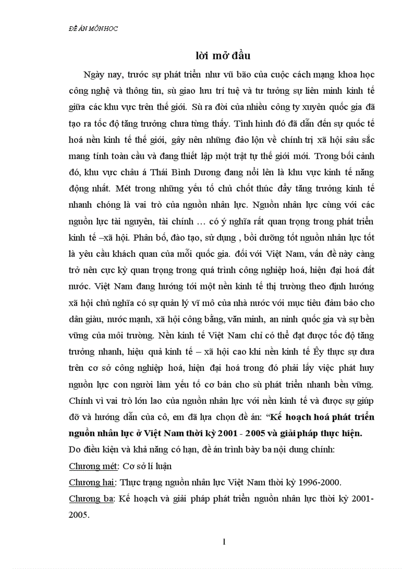 Kế hoạch hoá phát triển nguồn nhân lực ở Việt Nam thời kỳ 2001 2005 và giải pháp thực hiện 1