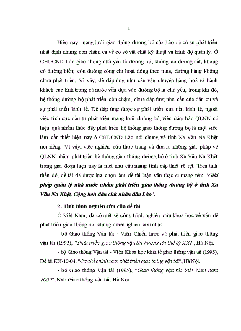 Giải pháp quản lý nhà nước nhằm phát triển giao thông đường bộ ở tỉnh Xa Văn Na Khệt Cộng hoà dân chủ nhân dân Lào