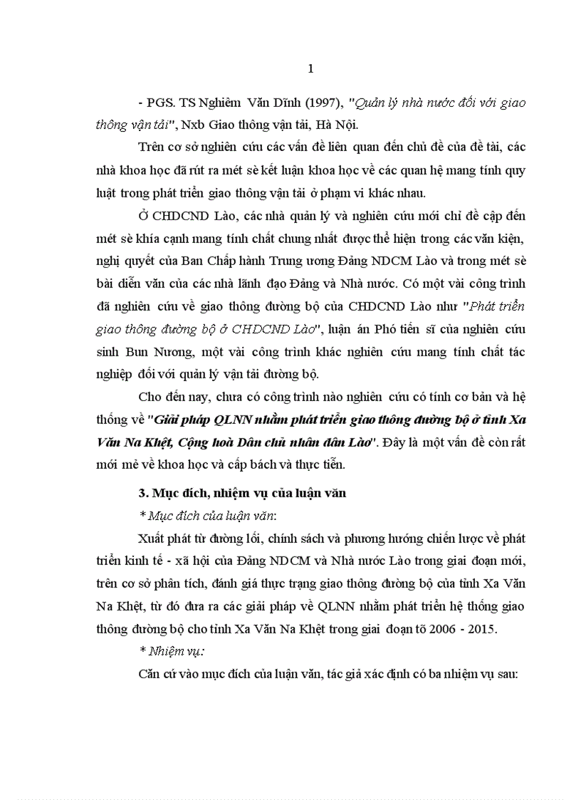 Giải pháp quản lý nhà nước nhằm phát triển giao thông đường bộ ở tỉnh Xa Văn Na Khệt Cộng hoà dân chủ nhân dân Lào