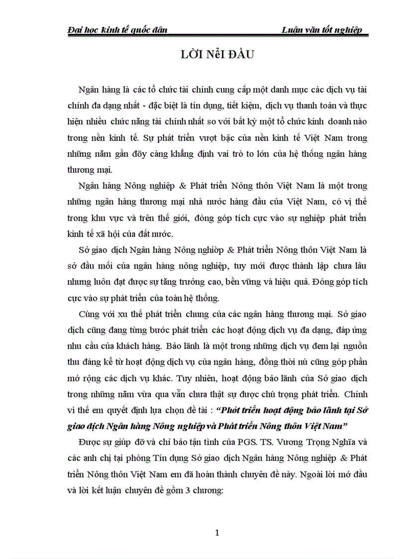 Phát triển hoạt động bảo lãnh tại Sở giao dịch Ngân hàng Nông nghiệp và Phát triển Nông thôn Việt Nam 1