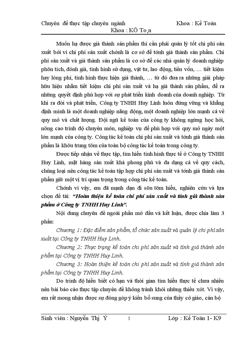 Hoàn thiện kế toán chi phí sản xuất và tính giá thành sản phẩm ở Công ty TNHH Huy Linh 1