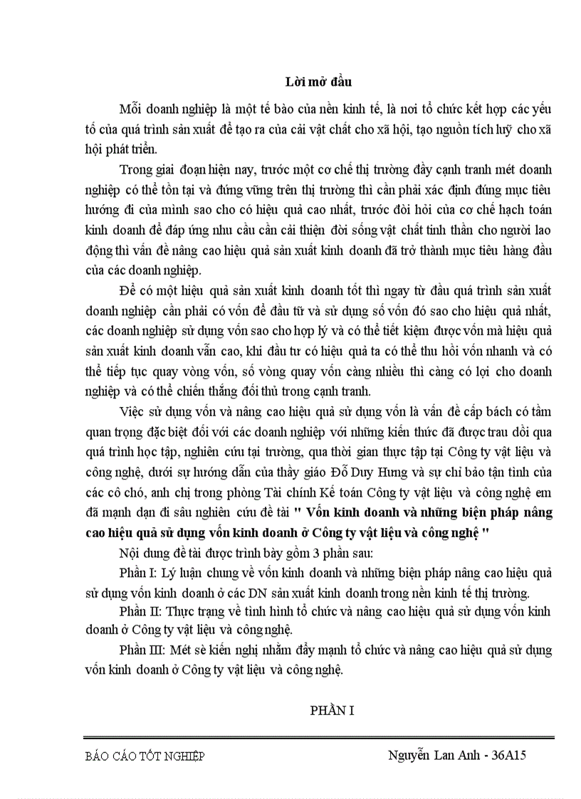Vốn kinh doanh và những biện pháp nâng cao hiệu quả sử dụng vốn kinh doanh ở Công ty vật liệu và công nghệ 1