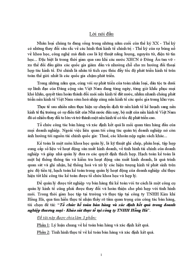 Tổ chức kế toán bán hàng và xác định kết quả trong doanh nghiệp thương mại Khảo sát thực tế tại công ty TNHH Hồng Hà 1