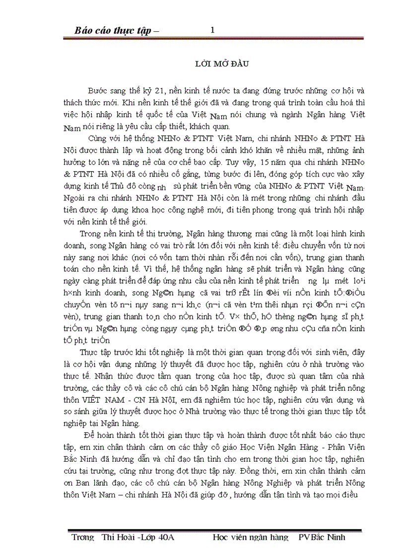 Báo cáo thực tập tại Ngân hàng Nông Nghiệp và phát triển Nông thôn Việt Nam chi nhánh Hà Nội 1