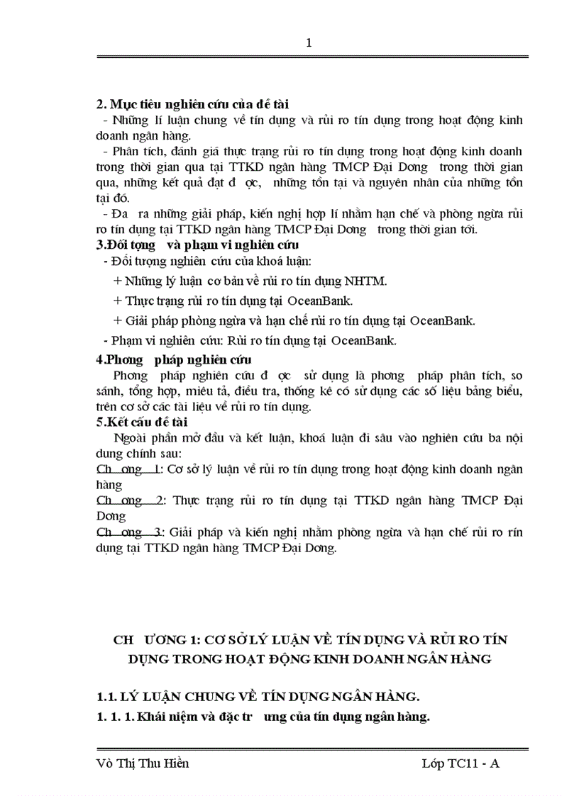 Một số giải pháp phòng ngừa và hạn chế rủi ro tín dụng tại Trung tâm kinh doanh Ngân hàng TMCP Đại Dương 1