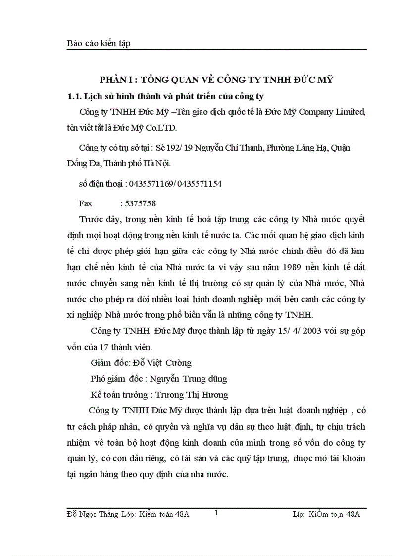 Báo cáo thực tập tổng hợp tại Công ty TNHH Đức Mỹ