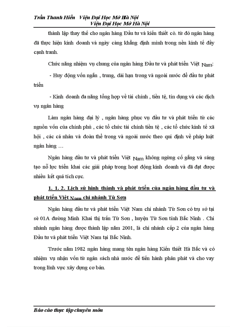Báo cáo thực tập tại ngân hàng đầu tư và phát triển Việt Nam chi nhánh Từ Sơn Bắc Ninh 1