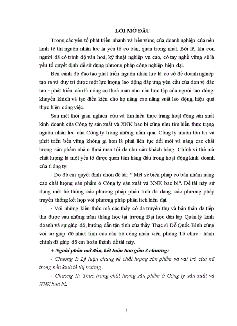 Một số biện pháp cơ bản nhằm nâng cao chất lượng sản phẩm ở Công ty sản xuất và XNK bao bì 1