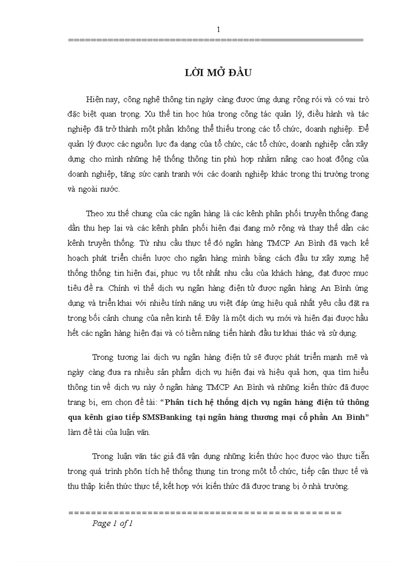 Phân tích hệ thống dịch vụ ngân hàng điện tử thông qua kênh giao tiếp SMSBanking tại ngân hàng thương mại cổ phần An Bình 1