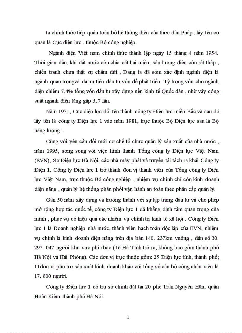 báo cáo thực tập tổng hợp về công ty Điện lực 1