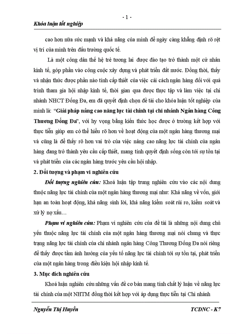 Giải pháp nâng cao năng lực tài chính tại chi nhánh Ngân hàng Công Thương Đống Đa
