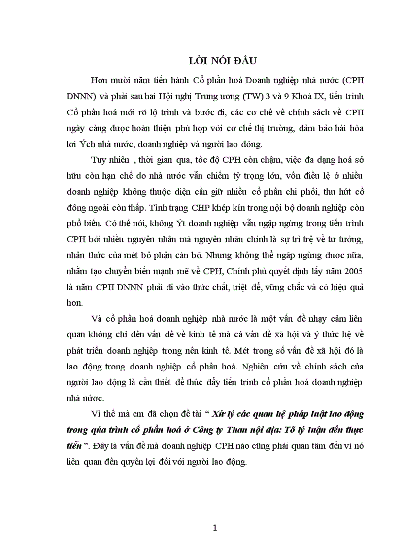 Xử lý các quan hệ pháp luật lao động trong qúa trình cổ phần hoá ở Công ty Than nội địa Từ lý luận đến thực tiễn 1