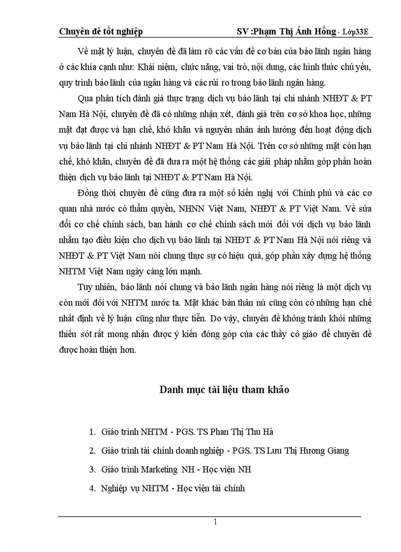 image for page Giải pháp hoàn thiện dịch vụ bảo lãnh tại chi nhánh NHĐT PT Nam Hà Nội
