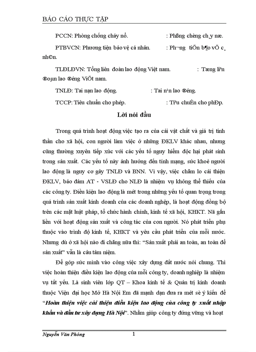 Hoàn thiện việc cải thiện điều kiện lao động của công ty xuất nhập khẩu và đầu tư xây dựng Hà Nội 1