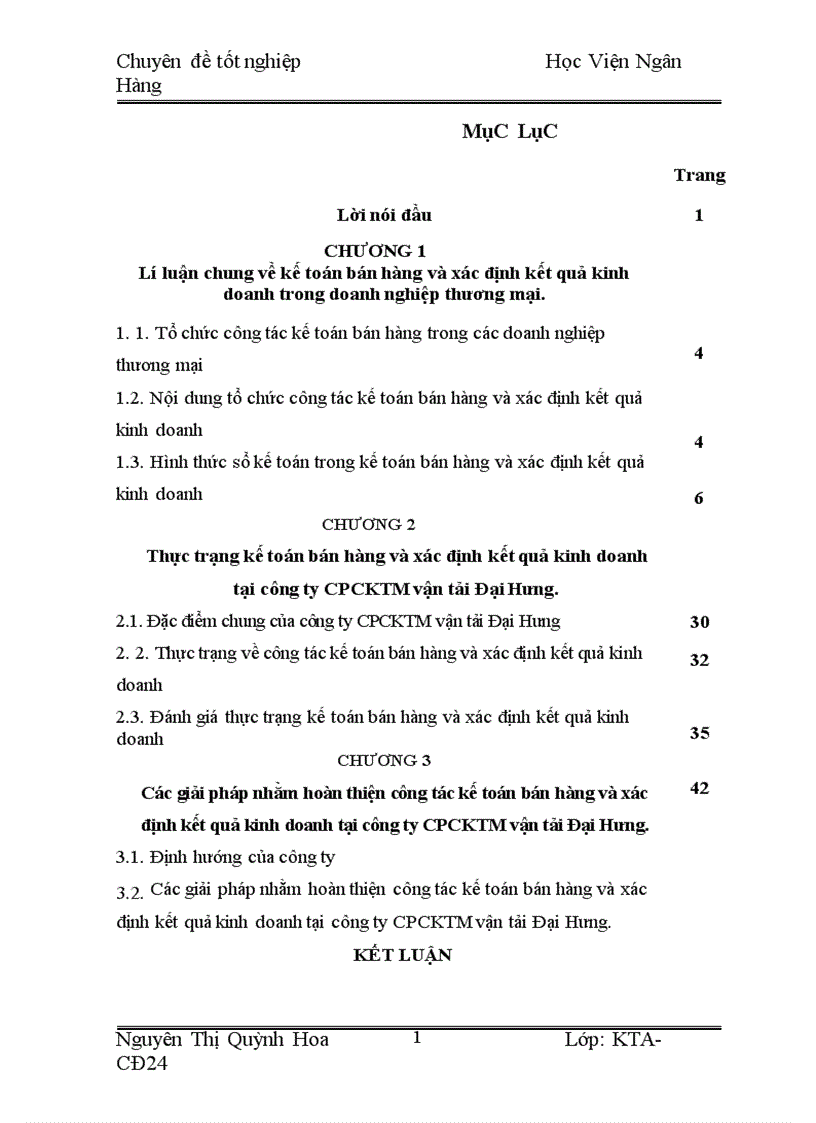 Tổ chức kế toán bán hàng và xác định kết quả kinh doanh tại công ty CPCKTM vận tải Đại Hưng 1