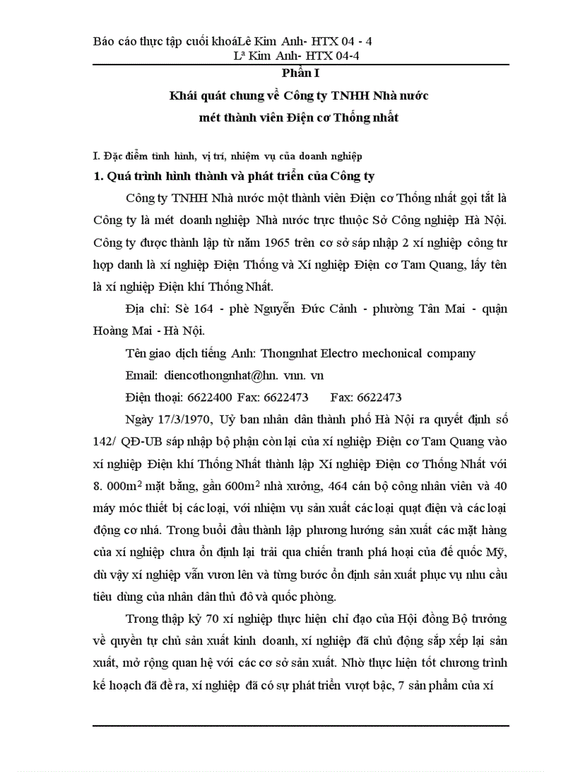 thực tập cuối khoá tình hình của Công ty TNHH Nhà nước một thành viên Điện cơ Thống nhất