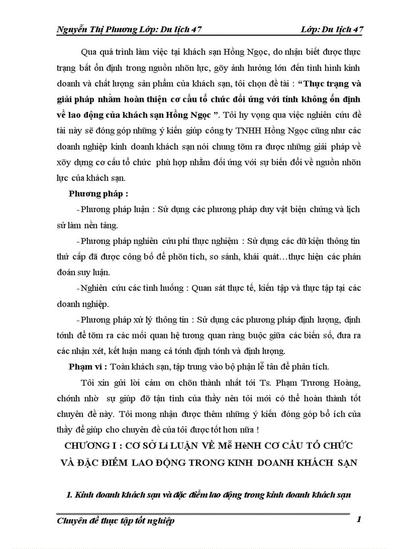 Thực trạng và giải pháp nhằm hoàn thiện cơ cấu tổ chức đối ứng với tính không ổn định về lao động của khách sạn Hồng Ngọc 1