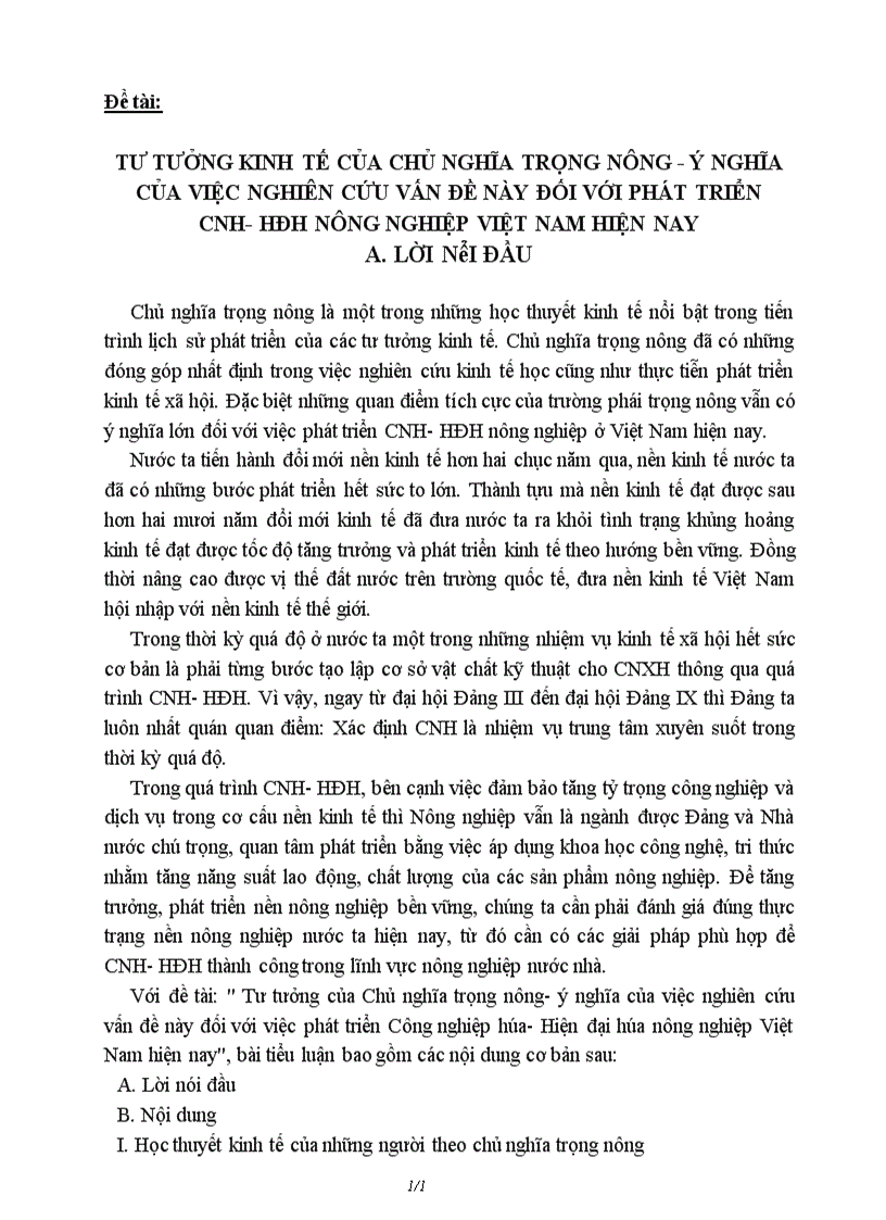 Tư tưởng kinh tế của chủ nghĩa trọng nông ý nghĩa của việc nghiên cứu vấn đề này đối với phát triển cnh hđh nông nghiệp việt nam hiện naY 1