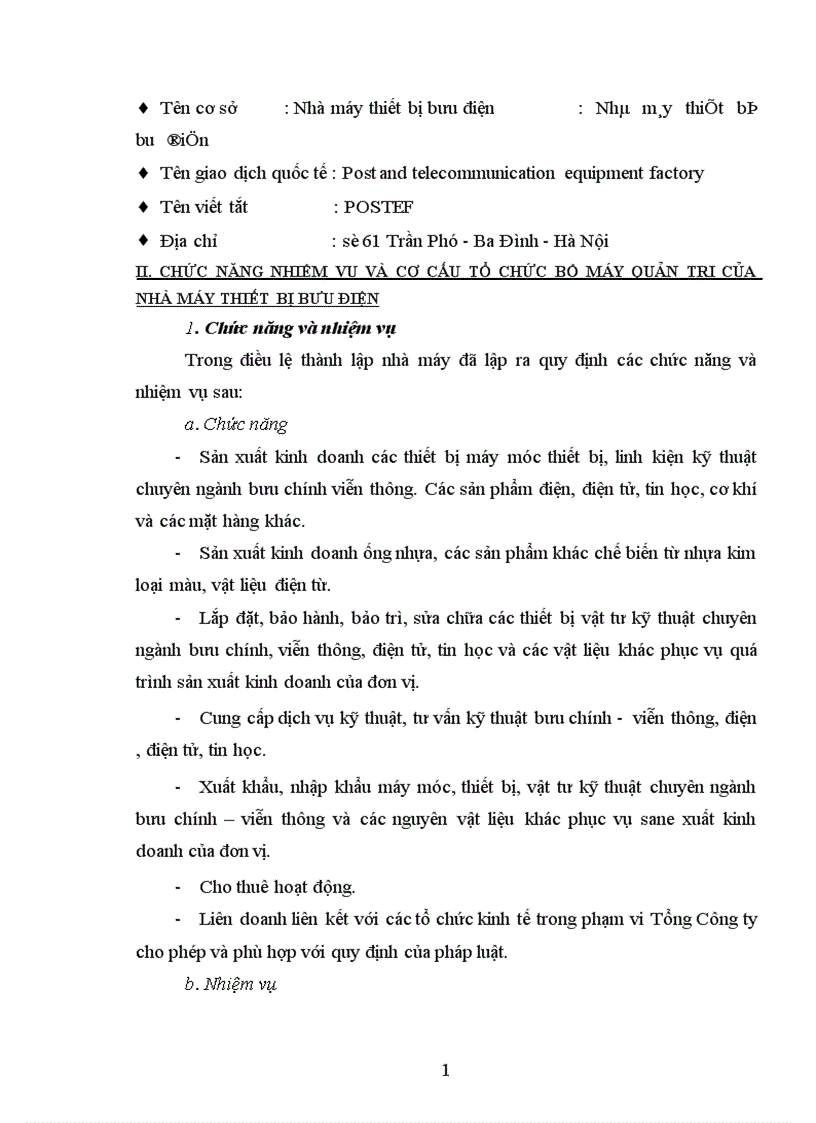 image for page Chức năng nhiệm vụ và cơ cấu tổ chức bộ máy quản trị của Nhà máy Thiết Bị Bưu Điện