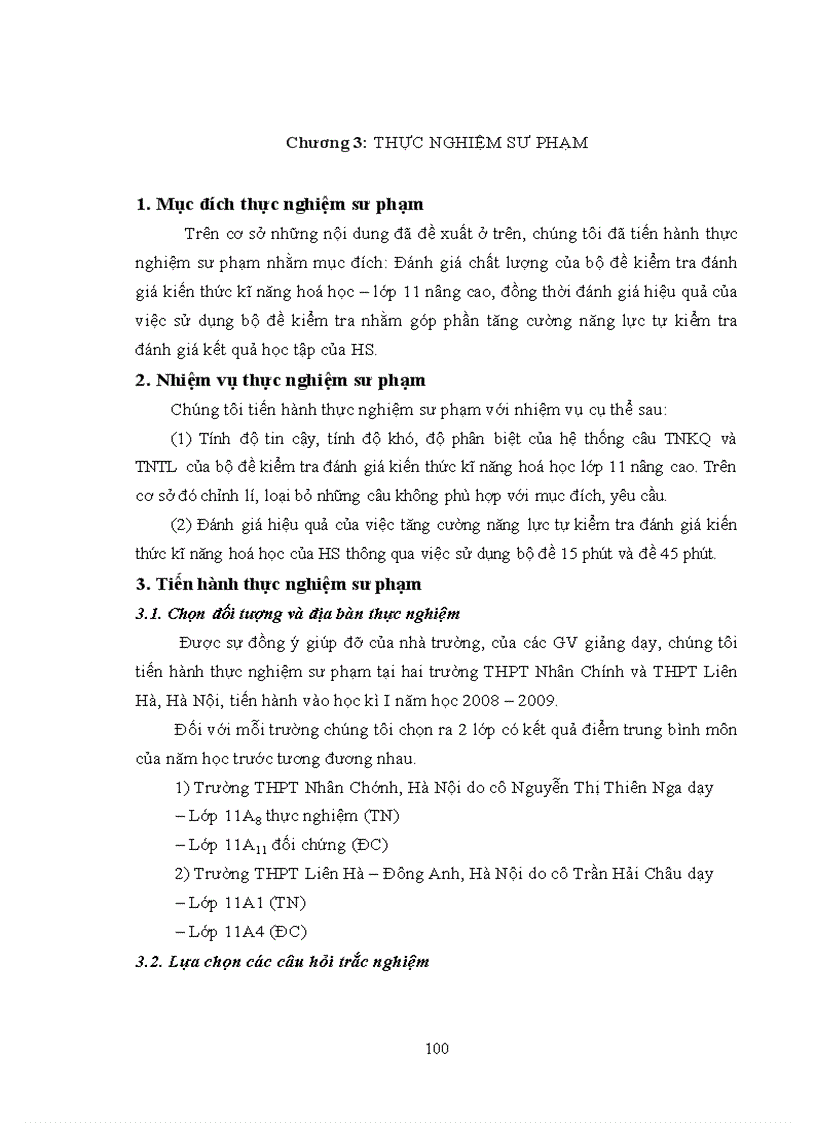 image for page Thực nghiệm sư phạm Đánh giá chất lượng của bộ đề kiểm tra đánh giá kiến thức kĩ năng hoá học lớp 11 nâng cao