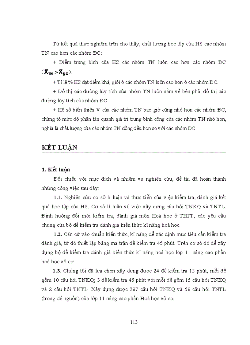 image for page Thực nghiệm sư phạm Đánh giá chất lượng của bộ đề kiểm tra đánh giá kiến thức kĩ năng hoá học lớp 11 nâng cao