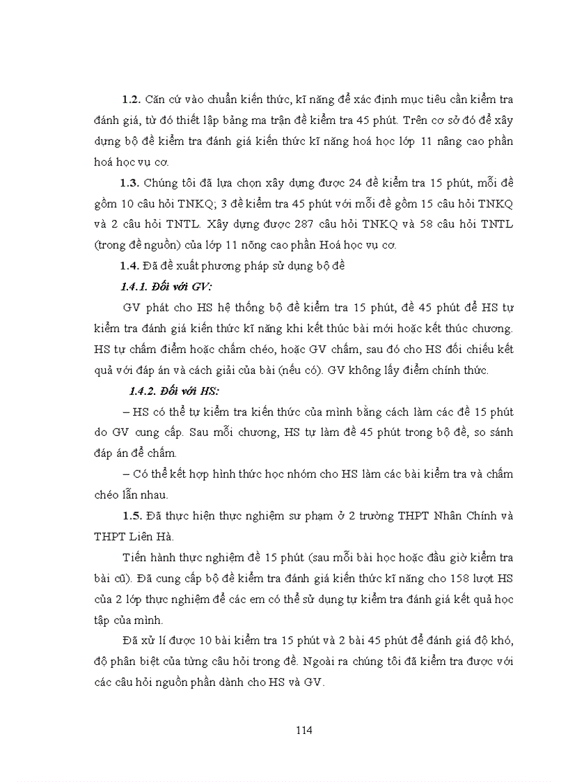 image for page Thực nghiệm sư phạm Đánh giá chất lượng của bộ đề kiểm tra đánh giá kiến thức kĩ năng hoá học lớp 11 nâng cao