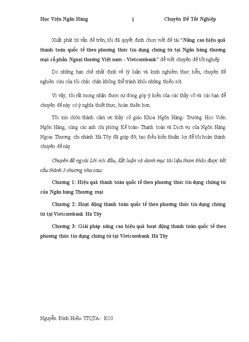 Nâng cao hiệu quả thanh toán quốc tế theo phương thức tín dụng chứng từ tại Ngân hàng thương mại cổ phần Ngoại thương Việt nam Vietcombank 1