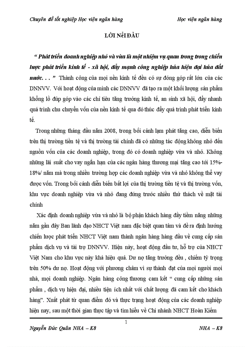 Giải pháp tín dụng đối với phát triển doanh nghiệp nhỏ và vừa tại chi nhánh Ngân hàng Công thương Hoàn Kiếm 1