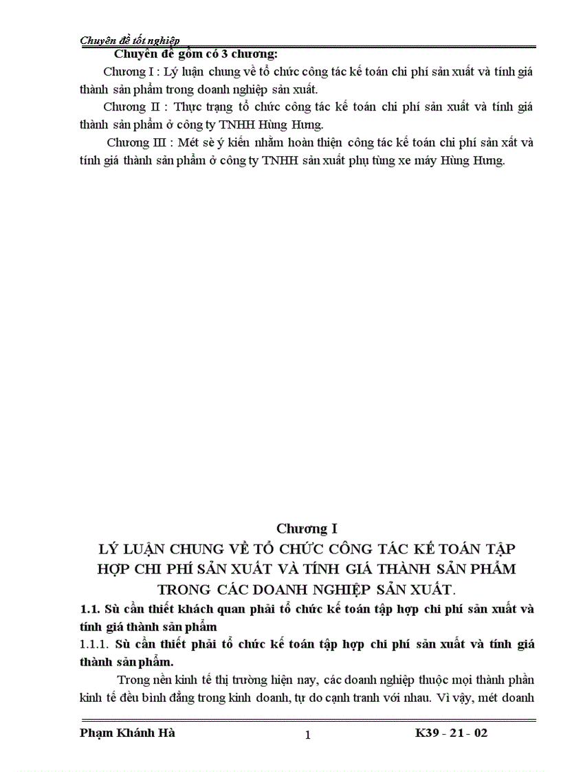 Tổ chức công tác kế toán tập hợp chi phí sản xuất và tính giá thành sản phẩm ở công ty TNHH Hùng Hưng 1