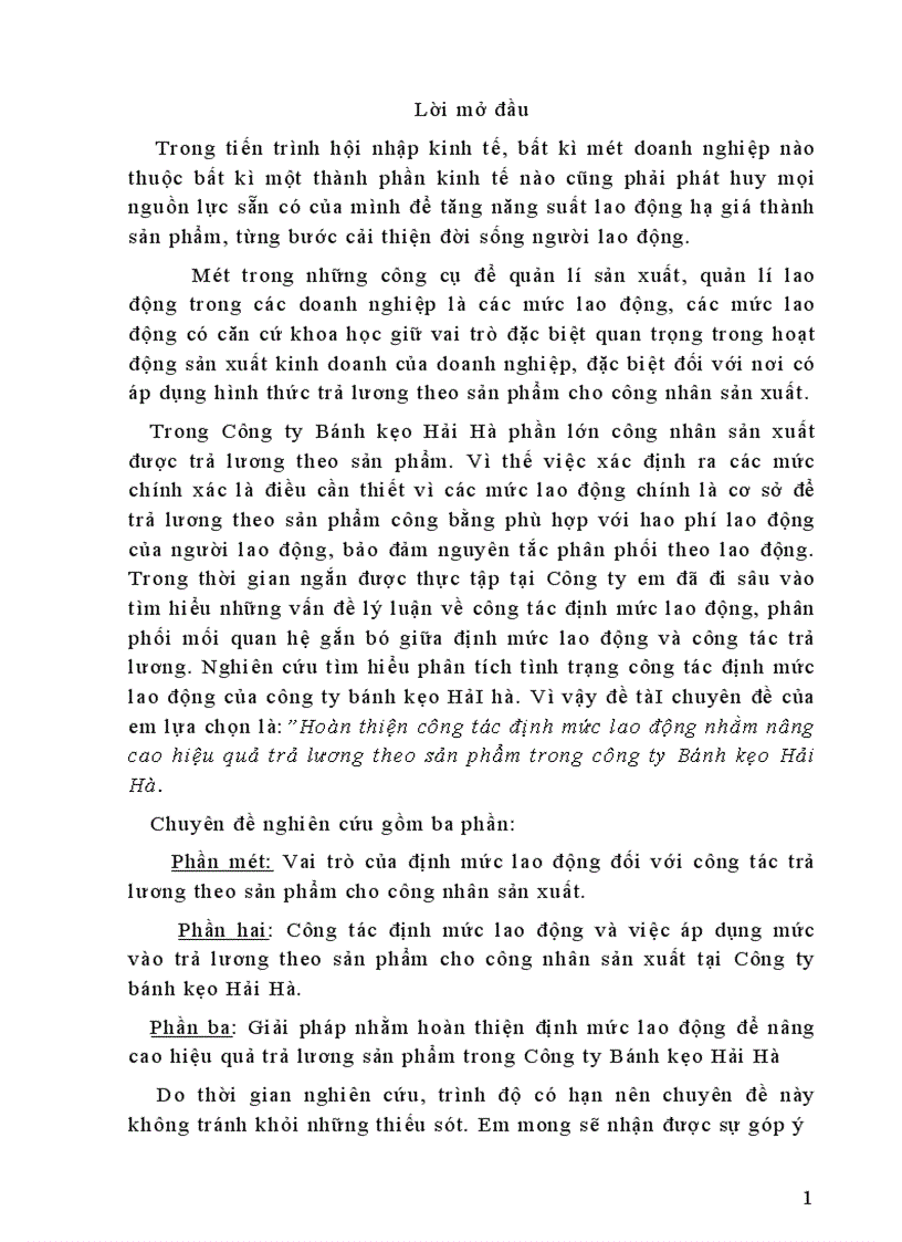 Hoàn thiện công tác định mức lao động nhằm nâng cao hiệu quả trả lương theo sản phẩm trong công ty Bánh kẹo Hải Hà 1