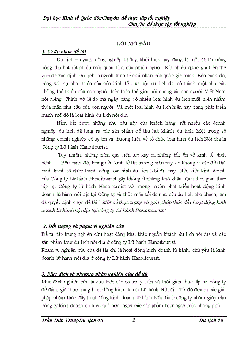 Một số thực trạng và giải pháp thúc đẩy hoạt động kinh doanh lữ hành nội địa tại công ty Lữ hành Hanoitourist 1