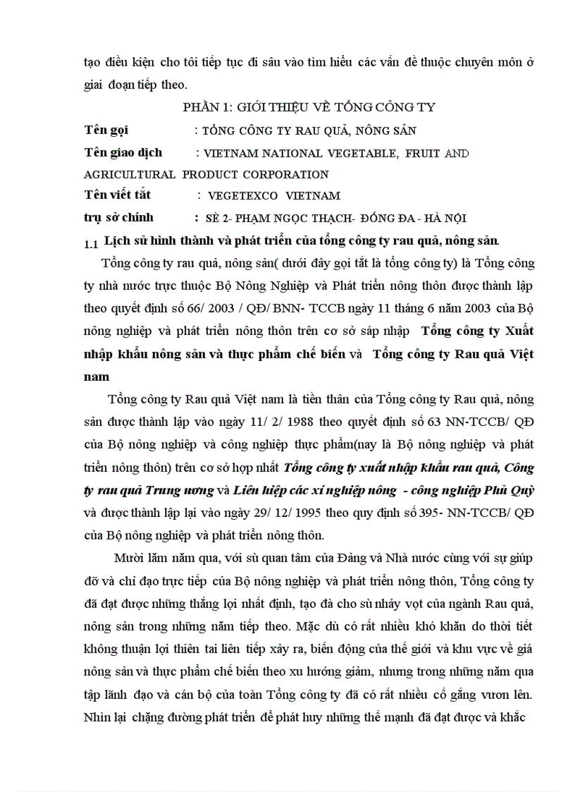 Báo cáo tổng hợp về Tổng công ty rau quả nông sản