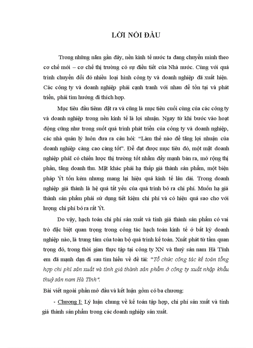 image for page Tổ chức công tác kế toán tổng hợp chi phí sản xuất và tính giá thành sản phẩm ở công ty xuất nhập khẩu thuỷ sản nam Hà Tĩnh 1