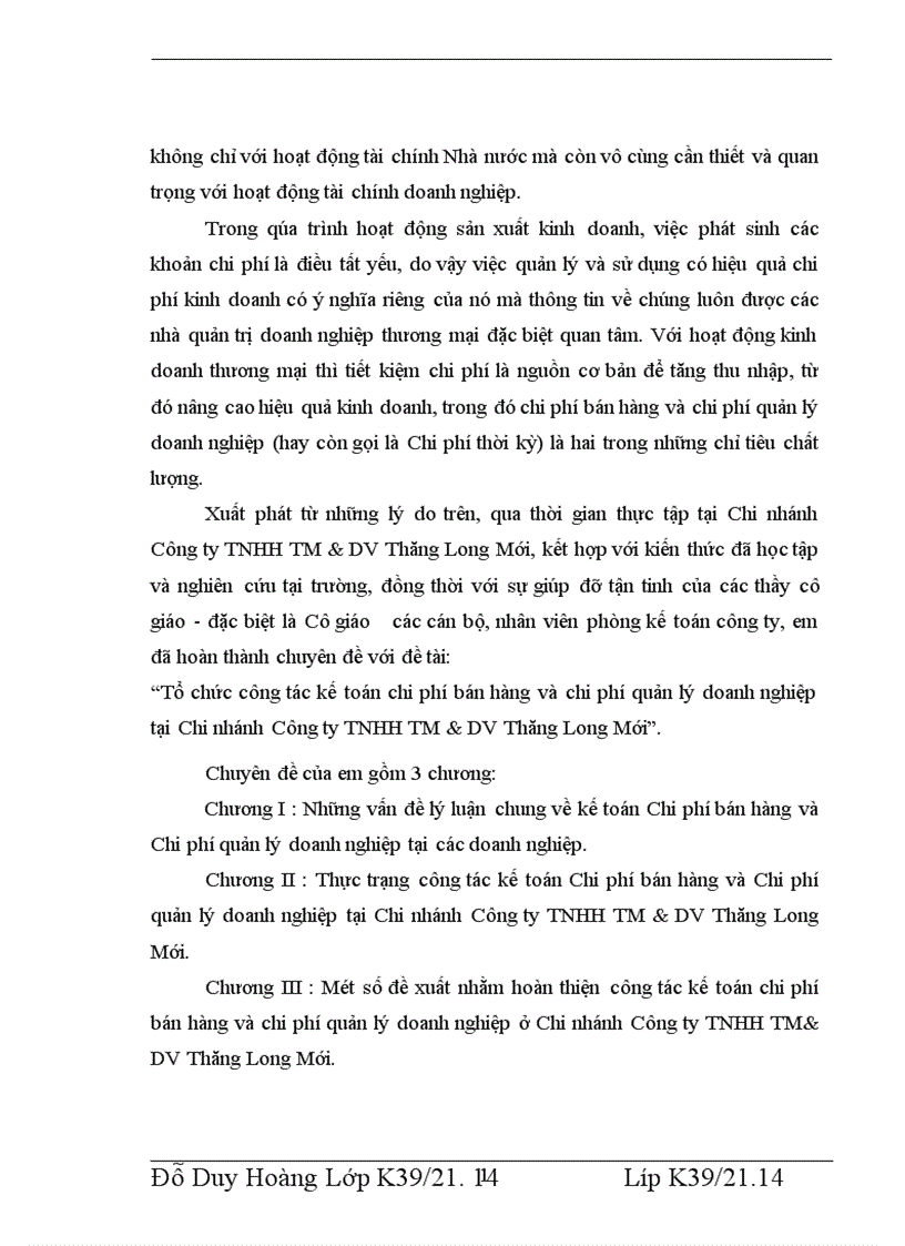 Tổ chức công tác kế toán chi phí bán hàng và chi phí quản lý doanh nghiệp tại Chi nhánh Công ty TNHH TM DV Thăng Long Mới 1