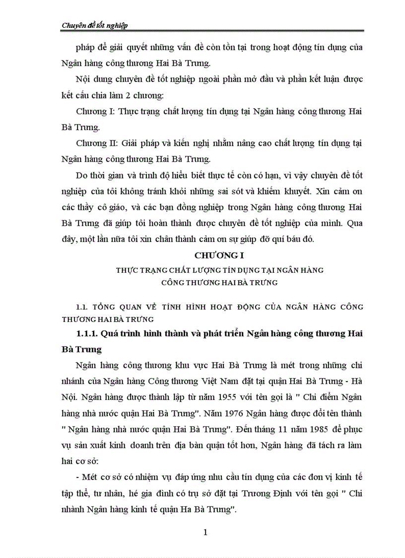 Giải pháp nhằm nâng cao chất lượng tín dụng tại chi nhánh Ngân hàng công thương Hai Bà Trưng 1
