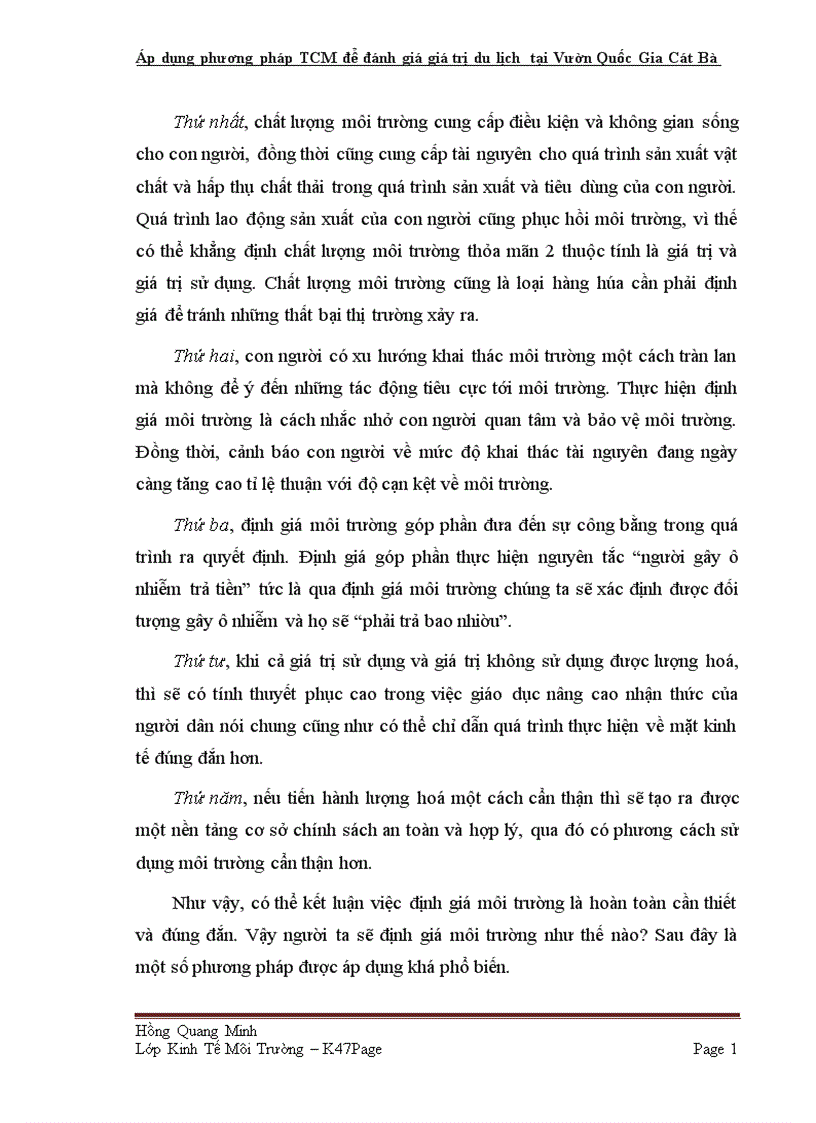 image for page Áp dụng phương pháp TCM để đánh giá giá trị du lịch tại Vườn Quốc Gia Cát Bà TP Hải Phòng