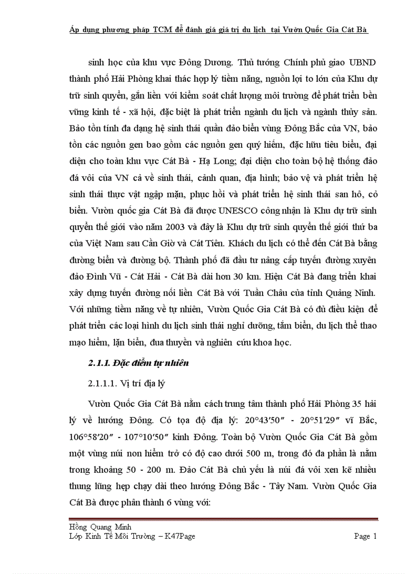 image for page Áp dụng phương pháp TCM để đánh giá giá trị du lịch tại Vườn Quốc Gia Cát Bà TP Hải Phòng