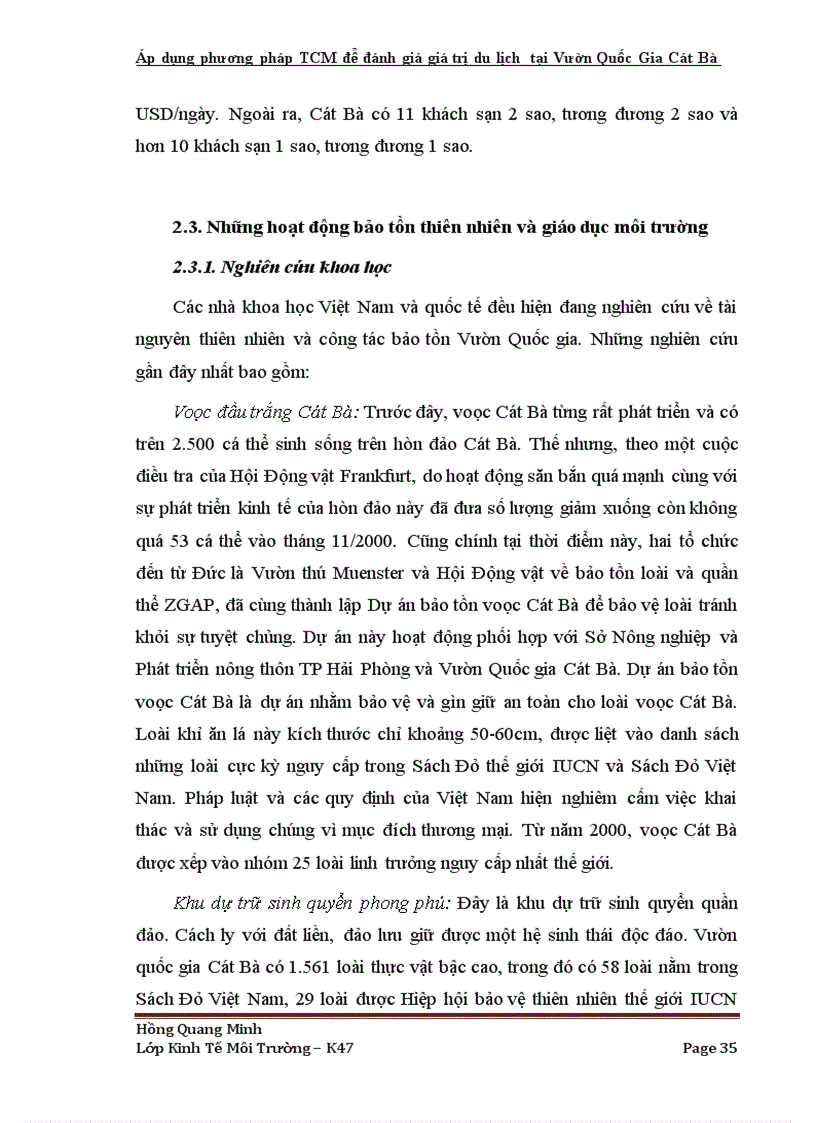 image for page Áp dụng phương pháp TCM để đánh giá giá trị du lịch tại Vườn Quốc Gia Cát Bà TP Hải Phòng