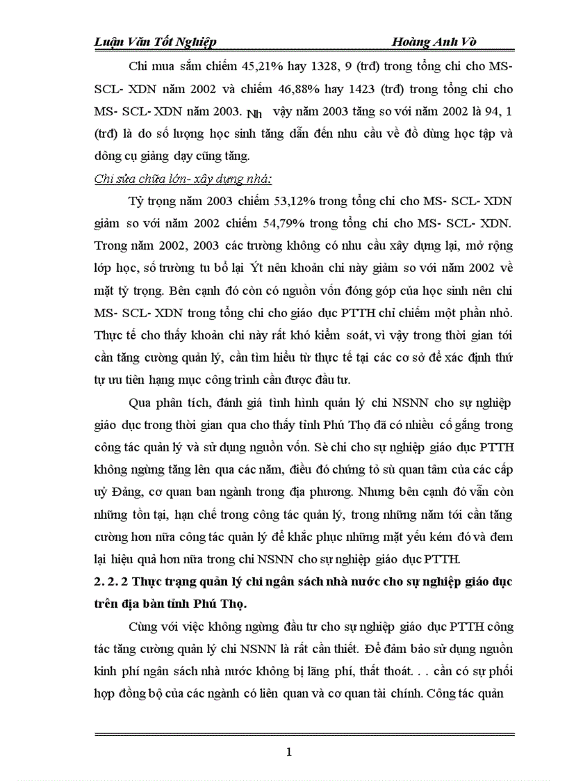 image for page Thực trạng quản lý chi ngân sách nhà nước cho sự nghiệp giáo dục PTTH trên địa bàn tỉnh Phú Thọ thời gian qua