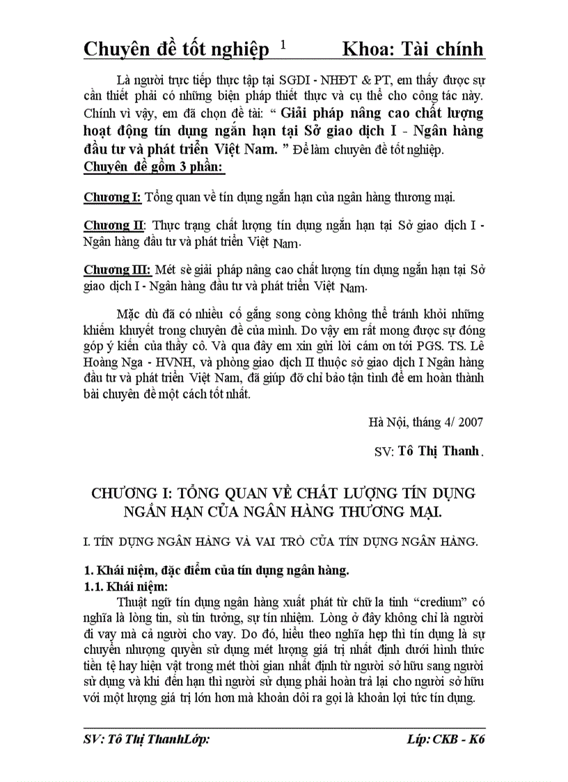 Giải pháp nâng cao chất lượng hoạt động tín dụng ngắn hạn tại Sở giao dịch I Ngân hàng đầu tư và phát triển Việt Nam 1