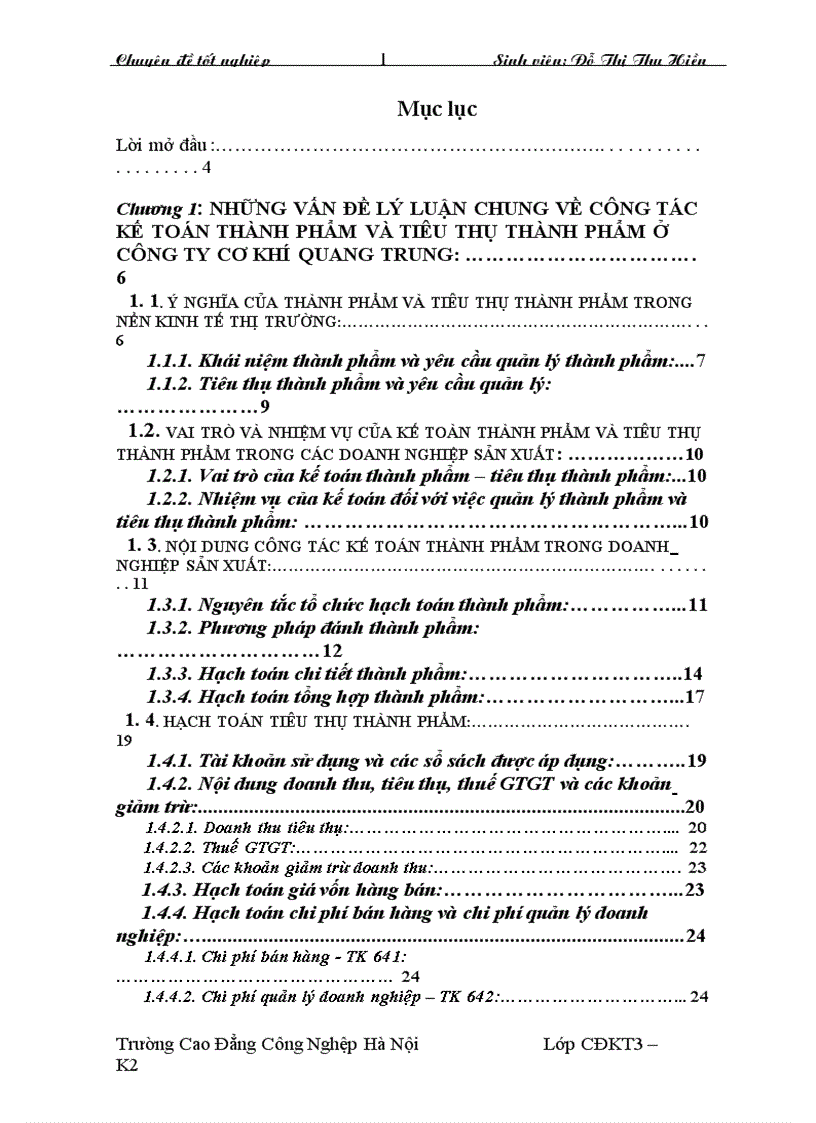 Tổ chức công tác kế toán thành phẩm và tiêu thụ thành phẩm tại Công ty Cơ Khí Quang Trung 1